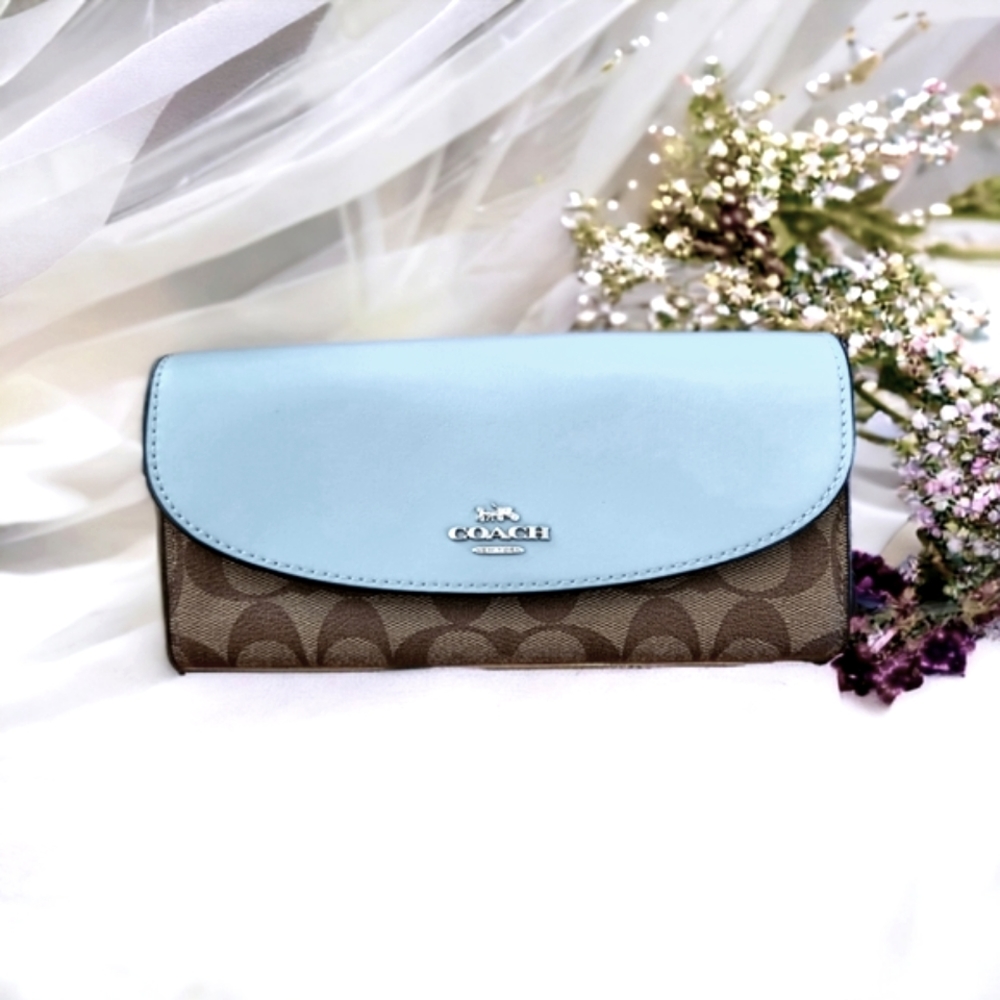 Coach Signature Slim Envelope Wallet, Khaki/Powder Blue,